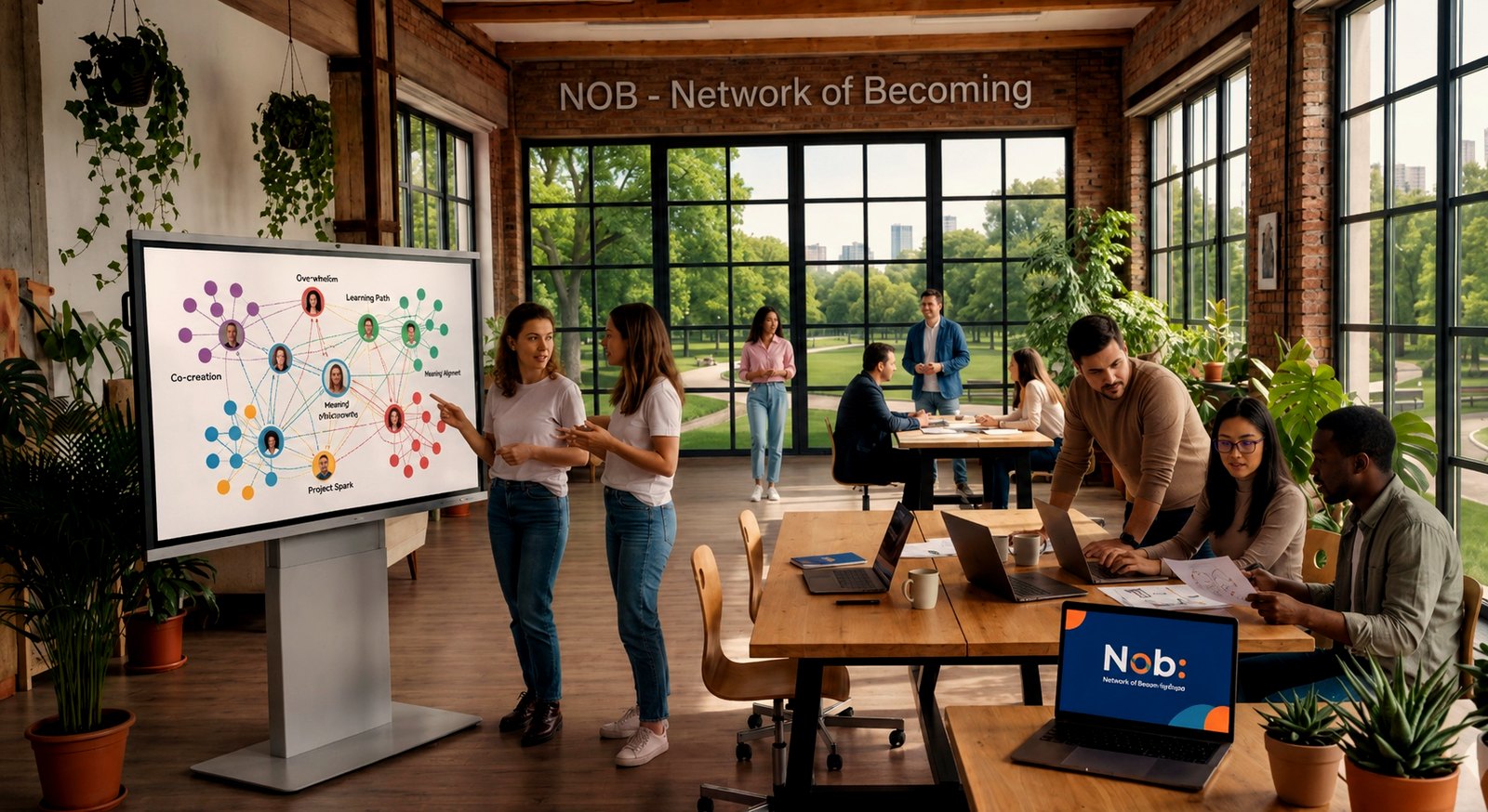 Spațiul de lucru NOB — oameni colaborând în jurul hărții Network of Becoming